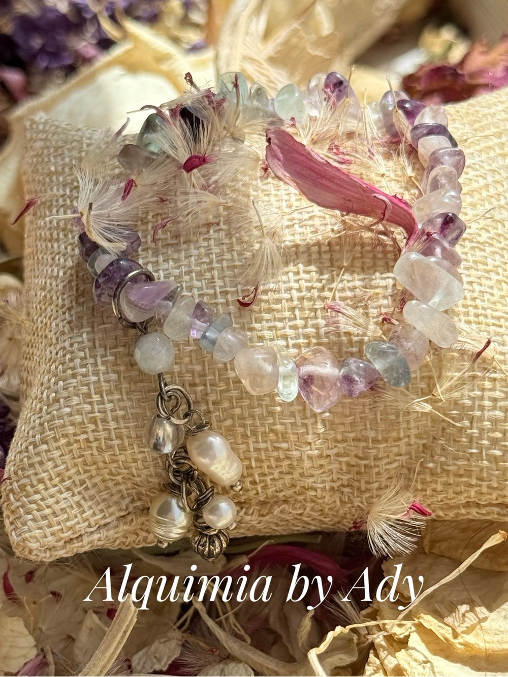 Organic pearls Purple fluorite Mix Gemstone and Pearl Charm Bracelet
